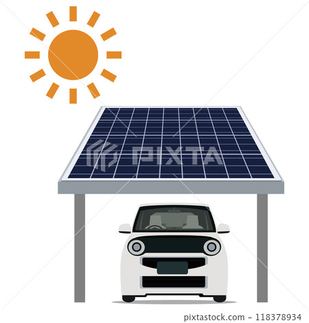 Illustration of a parking lot with a solar power generation system using solar panels 118378934