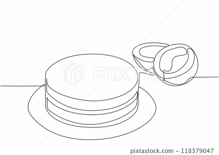 Single one line drawing coconut torte on a round plate. The old coconut is split. Delicious cake with coconut cream. Sweet. National Coconut Torte Day. Continuous line design graphic illustration Single one line drawing coconut torte on a round plate. The old coconut is split. Delicious cake with coconut cream. Sweet. National Coconut Torte Day. Continuous line design graphic illustration 118379047