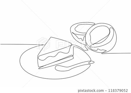 Continuous one line drawing slice coconut torte on a small plate with cake spoon. Delicious cake. Enjoyed with coconut fruit. National Coconut Torte Day. Single line draw design vector illustration 118379052