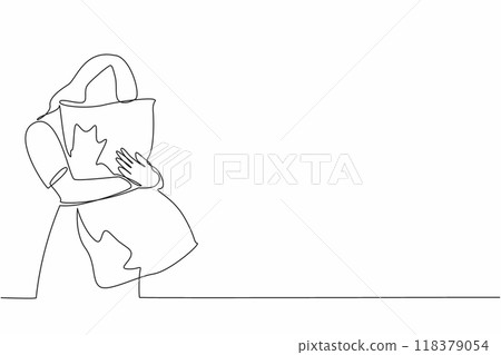 Continuous one line drawing a woman hugging pillow. Feeling comfortable. Need rest. Hurry to bedroom. Time to sleep and have sweet dreams. World Sleep Day. Single line draw design vector illustration 118379054