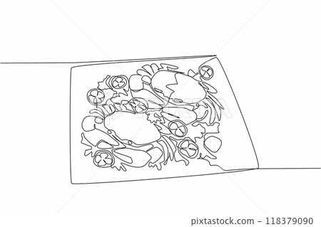 Continuous one line drawing two crabs on a square plate. Big size, satisfied when eating it. Spicy curry boiled crab. Very tasty. National Crab Meat Day. Single line draw design vector illustration 118379090
