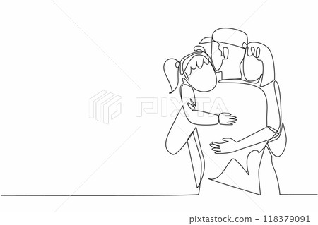 Single one line drawing a soldier hugs his wife and daughter. Welcomed with warmth. Reuniting with loved ones. Off duty. Holiday. National Hug a G.I. Day. Continuous line design graphic illustration 118379091