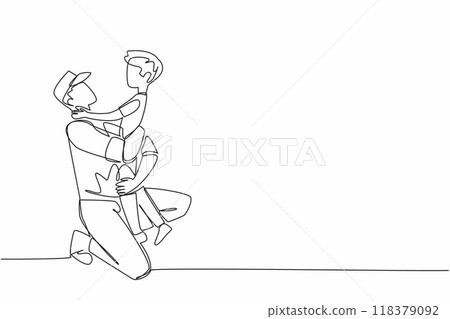 Continuous one line drawing a boy hugs his soldier father with army hat. Kneel. Stare intently with love. Releasing longing.  National Hug a G.I. Day. Single line draw design vector illustration 118379092
