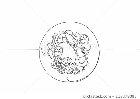 Single one line drawing a delicious crab on a round plate. Ready to be served to customers. Fresh lemon to add flavor. Delectation. National Crab Meat Day. Continuous line design graphic illustration 118379093