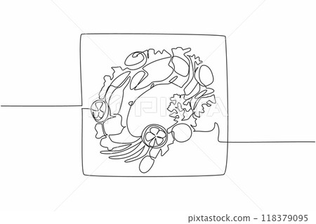 Single continuous line drawing a ready-to-eat crab on a square plate. There are garnishes to beautify the dish. High protein foods. Tasty. National Crab Meat Day. One line design vector illustration 118379095