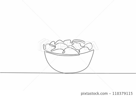 Single one line drawing delicious crispy potato chips in a glass bowl. Easy to devour. A companion for watching television shows. Tasty. National Snack Day. Continuous line design graphic illustration Single one line drawing delicious crispy potato chips in a glass bowl. Easy to devour. A companion for watching television shows. Tasty. National Snack Day. Continuous line design graphic illustration 118379115