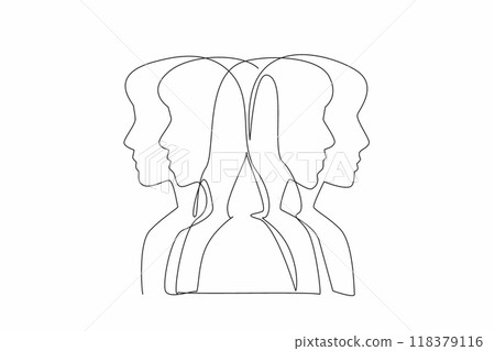 Single one line drawing stacked female heads silhouette. Extreme feeling of confusion. Mental disorder. Poor mental development. Multiple Personality Day. Continuous line design graphic illustration Single one line drawing stacked female heads silhouette. Extreme feeling of confusion. Mental disorder. Poor mental development. Multiple Personality Day. Continuous line design graphic illustration 118379116