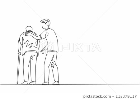 Continuous one line drawing back view a male caregiver on duty guiding old grandfather walking. Patiently carry out obligations. Caregiver Appreciation Day. Single line draw design vector illustration 118379117