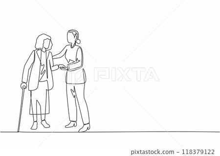 Single one line drawing the female caregiver patiently helps the old grandmother walk. Long stick as a walking aid. Responsible. Caregiver Appreciation Day. Continuous line design graphic illustration Single one line drawing the female caregiver patiently helps the old grandmother walk. Long stick as a walking aid. Responsible. Caregiver Appreciation Day. Continuous line design graphic illustration 118379122