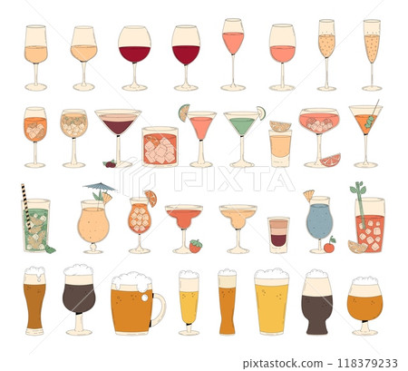 A big set of alcoholic groovy beverages. Summer cocktails, wine, champagne, beer in the glasses. Vintage vector illustration 60s, 70s A big set of alcoholic groovy beverages. Summer cocktails, wine, champagne, beer in the glasses. Vintage vector illustration 60s, 70s 118379233