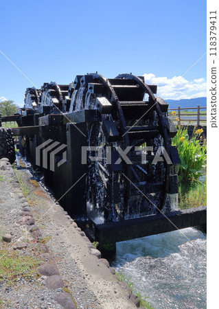 Triple water wheel in Asakura City, Fukuoka Prefecture 118379411