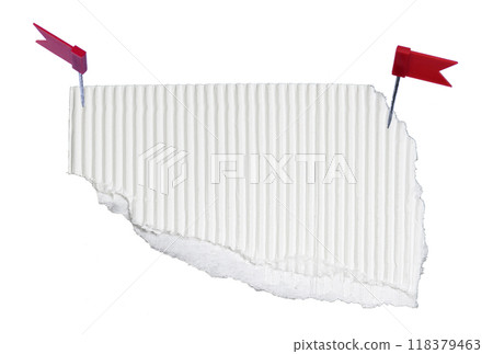piece of white corrugated paper with pin on white background 118379463