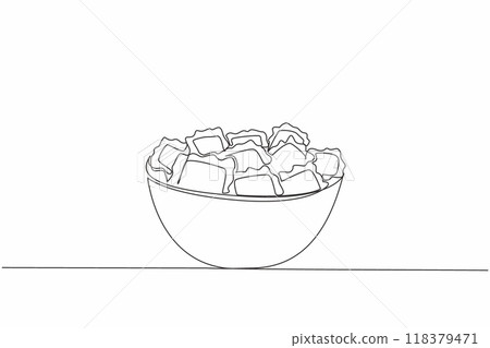 Single continuous line drawing ravioli in a bowl. Italian dumplings filled with meat, vegetables and cheese. Italian cuisine. Italian dish. National Ravioli Day. One line design vector illustration 118379471