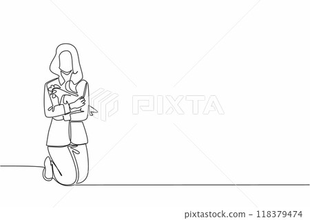 Continuous one line drawing female farmer squats holds chicken. Retirees are keen to see opportunities. Developing poultry farming. National Poultry Day. Single line draw design vector illustration 118379474