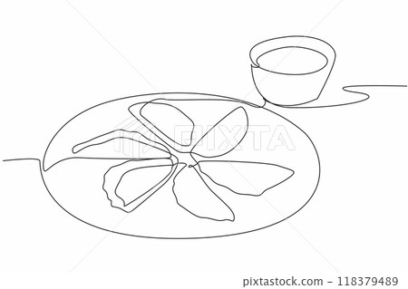 Single continuous line drawing ravioli are formed into semicircles and served on a plate. Eaten with tomato sauce to make it more delicious. National Ravioli Day. One line design vector illustration Single continuous line drawing ravioli are formed into semicircles and served on a plate. Eaten with tomato sauce to make it more delicious. National Ravioli Day. One line design vector illustration 118379489