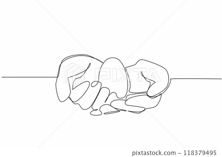 Single continuous line drawing chicken eggs are on both palms. Give with care. Easily damaged and broken. Provides nutrition and protein. National Poultry Day. One line design vector illustration Single continuous line drawing chicken eggs are on both palms. Give with care. Easily damaged and broken. Provides nutrition and protein. National Poultry Day. One line design vector illustration 118379495
