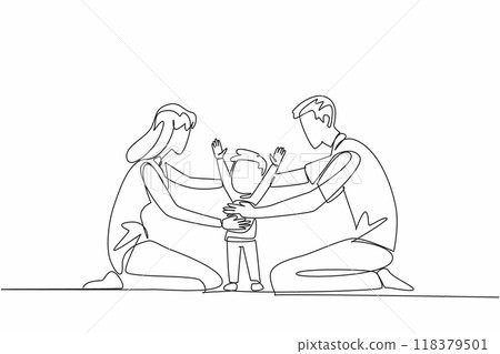 Continuous one line drawing father and mother kneeling hug their beloved son. Skipping the child's first steps. Feeling guilty. Forgive Mom and Dad Day. Single line draw design vector illustration Continuous one line drawing father and mother kneeling hug their beloved son. Skipping the child's first steps. Feeling guilty. Forgive Mom and Dad Day. Single line draw design vector illustration 118379501