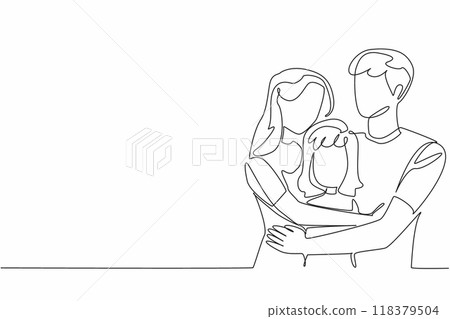 Single continuous line drawing father and mother hug their daughter.  Persuade. Woo. Try to give understanding. Promise rewards. Seduction. Forgive Mom and Dad Day. One line design vector illustration 118379504