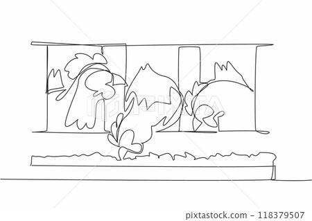 Single one line drawing three chickens are in the cage. High quality animal feed. Laying hens. Ready to harvest the results. Eggs. National Poultry Day. Continuous line design graphic illustration 118379507