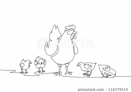 Single continuous line drawing a mother hen standing surrounded by her chicks. Open farming. Chickens are not easily stressed. Quality eggs. National Poultry Day. One line design vector illustration 118379514