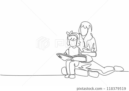 Continuous one line drawing girl sitting on her mother's lap who is sitting on the floor. Must get used to reading. New hobby. International Read to Me Day. Single line draw design vector illustration 118379519