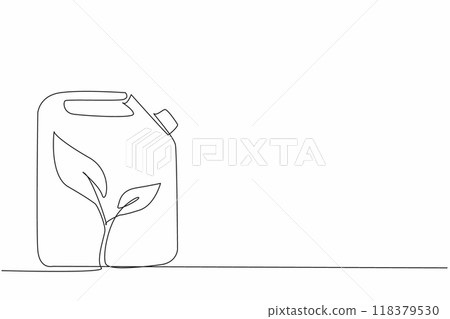 Single continuous line drawing the jerrican with a handle and a picture of leaves. Replenish fuel reserves. Natural fuel. No harm to nature. National Biodiesel Day. One line design vector illustration Single continuous line drawing the jerrican with a handle and a picture of leaves. Replenish fuel reserves. Natural fuel. No harm to nature. National Biodiesel Day. One line design vector illustration 118379530