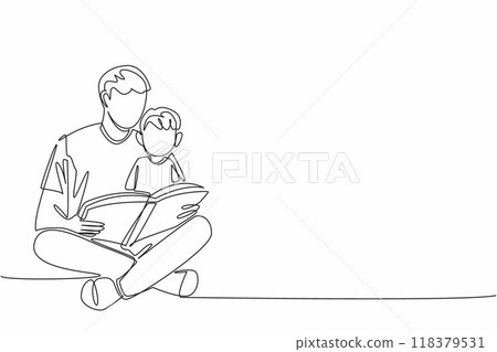 Single one line drawing a boy sitting on his father's lap who is sitting cross-legged. Reading science. Fun activities. Smart. International Read to Me Day. Continuous line design graphic illustration 118379531