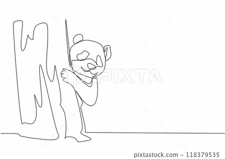 Single continuous line drawing panda's head and hands peek out from behind tree branches. Like playing hide and seek. Adorable behavior. Cute. National Panda Day. One line design vector illustration Single continuous line drawing panda's head and hands peek out from behind tree branches. Like playing hide and seek. Adorable behavior. Cute. National Panda Day. One line design vector illustration 118379535