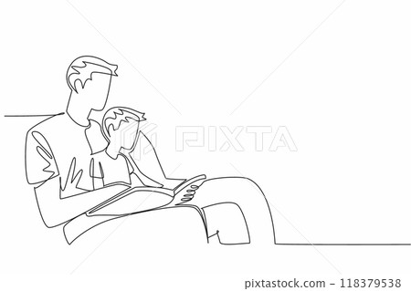 Single one line drawing a boy sitting on father's lap who is sitting on sofa. Technological development. Interesting reading. International Read to Me Day Continuous line design graphic illustration 118379538