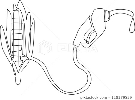 Single one line drawing petrol hose with corn in the center when the nozzle releases a drop of fuel. Easy to process raw material. National Biodiesel Day. Continuous line design graphic illustration Single one line drawing petrol hose with corn in the center when the nozzle releases a drop of fuel. Easy to process raw material. National Biodiesel Day. Continuous line design graphic illustration 118379539