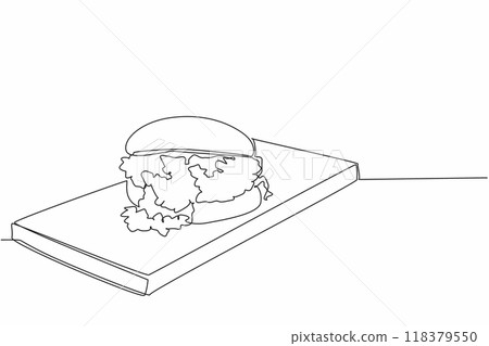 Single continuous line drawing sloppy joe on square cutting board. Ready to be served. Very delicious savory sandwich. Minced beef filling. National Sloppy Joe Day. One line design vector illustration Single continuous line drawing sloppy joe on square cutting board. Ready to be served. Very delicious savory sandwich. Minced beef filling. National Sloppy Joe Day. One line design vector illustration 118379550