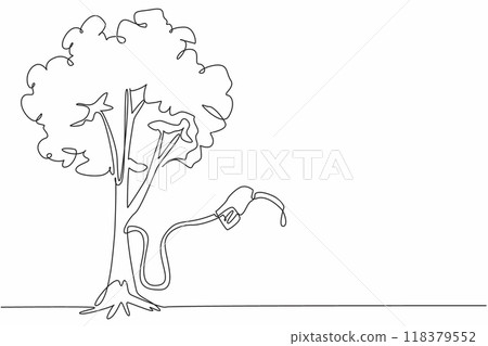 Continuous one line drawing a petrol hose filled with fuel sourced from tree trunks. Sourced from nature and easy to find. Care. National Biodiesel Day. Single line draw design vector illustration Continuous one line drawing a petrol hose filled with fuel sourced from tree trunks. Sourced from nature and easy to find. Care. National Biodiesel Day. Single line draw design vector illustration 118379552