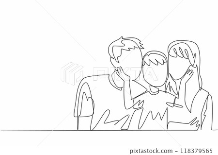 Single one line drawing a family sitting, a boy stroking his parents' cheek. Understanding each other and giving warmth. Apology. Forgive Mom and Dad Day. Continuous line design graphic illustration 118379565