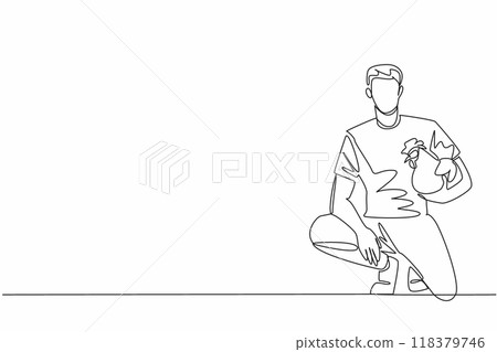 Single continuous line drawing male farmer squats and holds chicken. Developing organic poultry farming. Producing superior quality eggs. National Poultry Day. One line design vector illustration Single continuous line drawing male farmer squats and holds chicken. Developing organic poultry farming. Producing superior quality eggs. National Poultry Day. One line design vector illustration 118379746