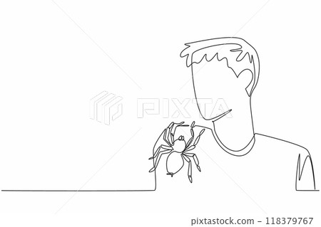 Single continuous line drawing a large spider stuck to a man's sleeve. Keeping tarantulas as pets. A popular pet. Unique courage. Brave. National Save a Spider Day. One line design vector illustration 118379767