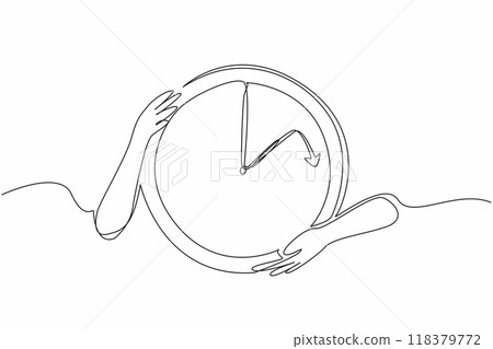 Single continuous line drawing hand holding wall clock. The wall clock shows 2 o'clock. Concept time change for winter time or standard time. Daylight Saving Time. One line design vector illustration 118379772