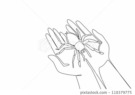 Continuous one line drawing big spider on two palms. Carry with care. Quite a dangerous animal. Has a painful bite. Poisonous. National Save a Spider Day. Single line draw design vector illustration 118379775