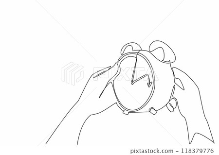 Single one line drawing a pair of hands holding an alarm clock. Set a reminder to make time changes. Clock moves an hour ahead. Daylight Saving Time info. Continuous line design graphic illustration Single one line drawing a pair of hands holding an alarm clock. Set a reminder to make time changes. Clock moves an hour ahead. Daylight Saving Time info. Continuous line design graphic illustration 118379776