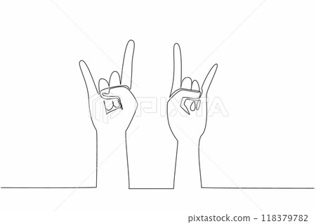Single one line drawing two hands with the index finger and little finger up to form horns. Gesture. Symbol. Sign. Punk. International Day of Awesomeness. Continuous line design graphic illustration Single one line drawing two hands with the index finger and little finger up to form horns. Gesture. Symbol. Sign. Punk. International Day of Awesomeness. Continuous line design graphic illustration 118379782