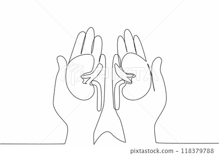 Single continuous line drawing the kidney hold in each hand. The concept of maintaining for the kidneys. Stay healthy with a healthy lifestyle. World Kidney Day. One line design vector illustration 118379788