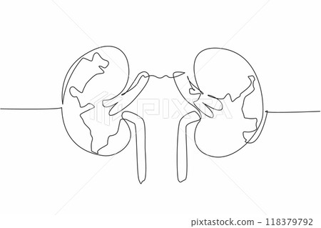 Single one line drawing kidneys with the contour of the earth. Should be more concern about kidney health. Prevention is better than cure. World Kidney Day. Continuous line design graphic illustration Single one line drawing kidneys with the contour of the earth. Should be more concern about kidney health. Prevention is better than cure. World Kidney Day. Continuous line design graphic illustration 118379792