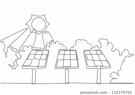 Continuous one line drawing three large solar panels in the city park. Environmentally friendly renewable energy. Eco-friendly. Solar Appreciation Day. Single line draw design vector illustration Continuous one line drawing three large solar panels in the city park. Environmentally friendly renewable energy. Eco-friendly. Solar Appreciation Day. Single line draw design vector illustration 118379793
