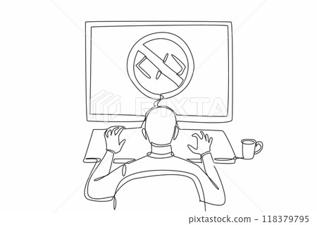 Single one line drawing a man types on a big monitor screen with a no-code sign. Simple application standards for display on the web. National No-Code Day. Continuous line design graphic illustration Single one line drawing a man types on a big monitor screen with a no-code sign. Simple application standards for display on the web. National No-Code Day. Continuous line design graphic illustration 118379795