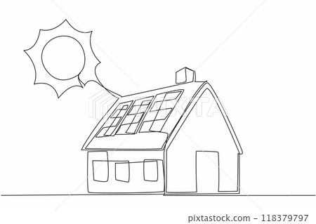 Single one line drawing small house with solar panel installation. Absorbing solar heat energy for electrical energy at home. Tech. Solar Appreciation Day. Continuous line design graphic illustration 118379797
