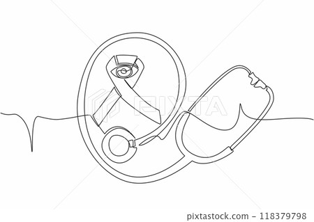 Continuous one line drawing the eye in the middle of the campaign ribbon circle inside the stethoscope circle. Eye health awareness. World Glaucoma Day. Single line draw design vector illustration 118379798