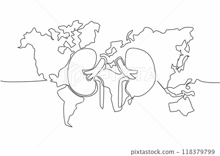 Continuous one line drawing kidney in the middle of the world map. Sense of concern for kidneys must exist throughout the world community. World Kidney Day. Single line draw design vector illustration Continuous one line drawing kidney in the middle of the world map. Sense of concern for kidneys must exist throughout the world community. World Kidney Day. Single line draw design vector illustration 118379799