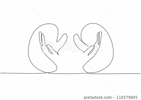 Single one line drawing hand gesture supporting the middle of the kidneys. Caring for kidney health from an early age. Healthy diet. Logo. World Kidney Day. Continuous line design graphic illustration 118379805