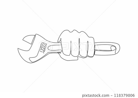 Single continuous line drawing hand is clenching a wrench. Adjustable tool can make work easier. Unscrew the screw. Water pipe repair work. World Plumbing Day. One line design vector illustration 118379806
