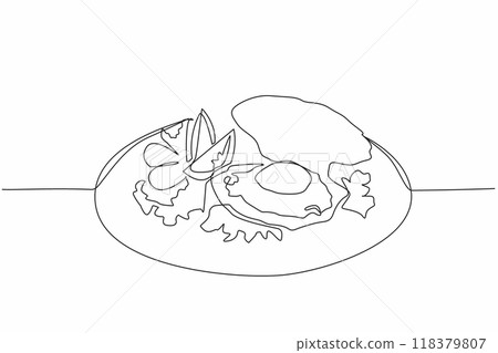 Continuous one line drawing one scallop baked with shell open. Food presentation that increases appetite. Delicious seafood. National Baked Scallops Day. Single line draw design vector illustration 118379807