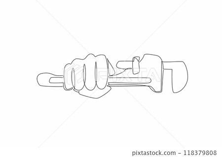 Single one line drawing hand holding plumber pipe wrench. Maintaining water pipes to prevent leaks. Very useful hand tool. Repairman. World Plumbing Day. Continuous line design graphic illustration 118379808